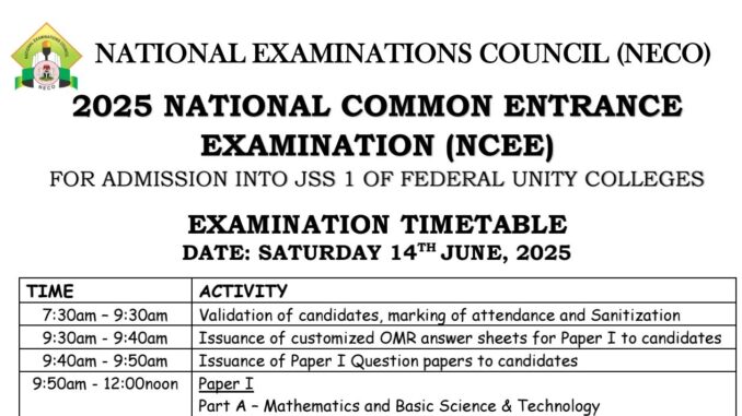2025 NECO NCEE TIMETABLE