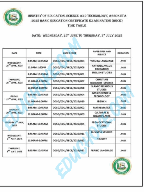 ogun state bece timetable 2025 for jss3 students