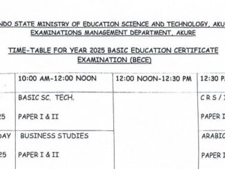 Ondo state bece Timetable, Ondo junior waec 2025