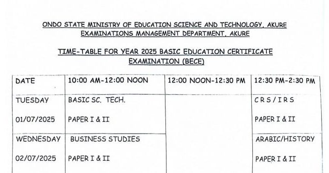 Ondo State Bece Exam Timetable 2025 Ondo state bece Timetable, Ondo junior waec 2025