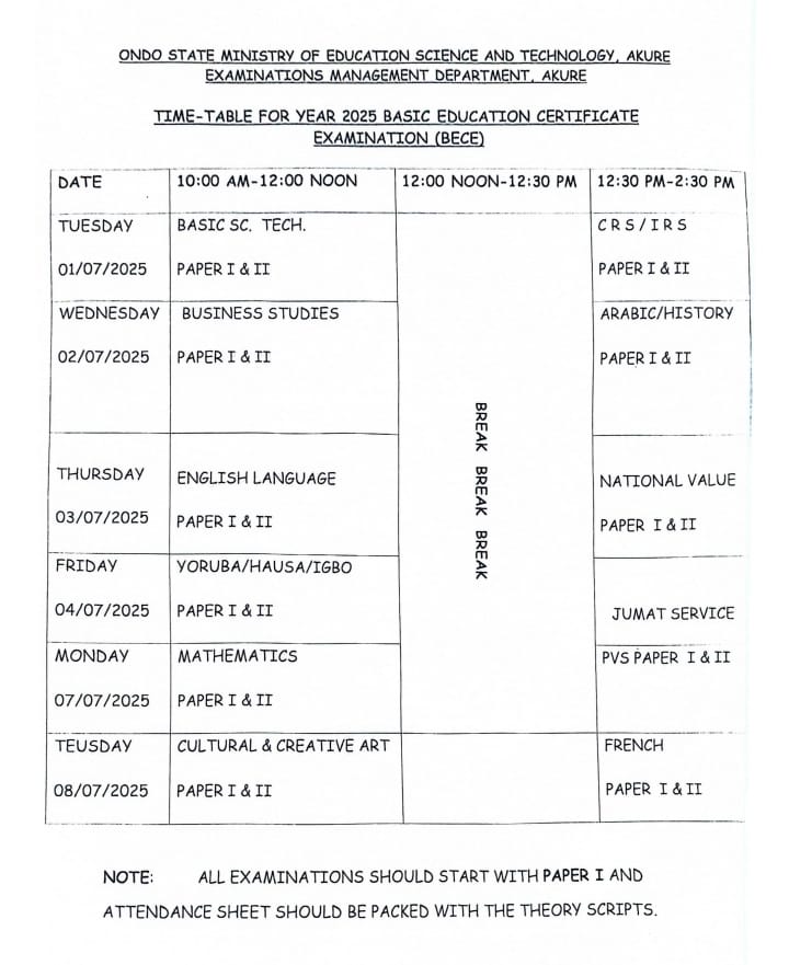 Ondo state junior waec (bece) timetable 2025