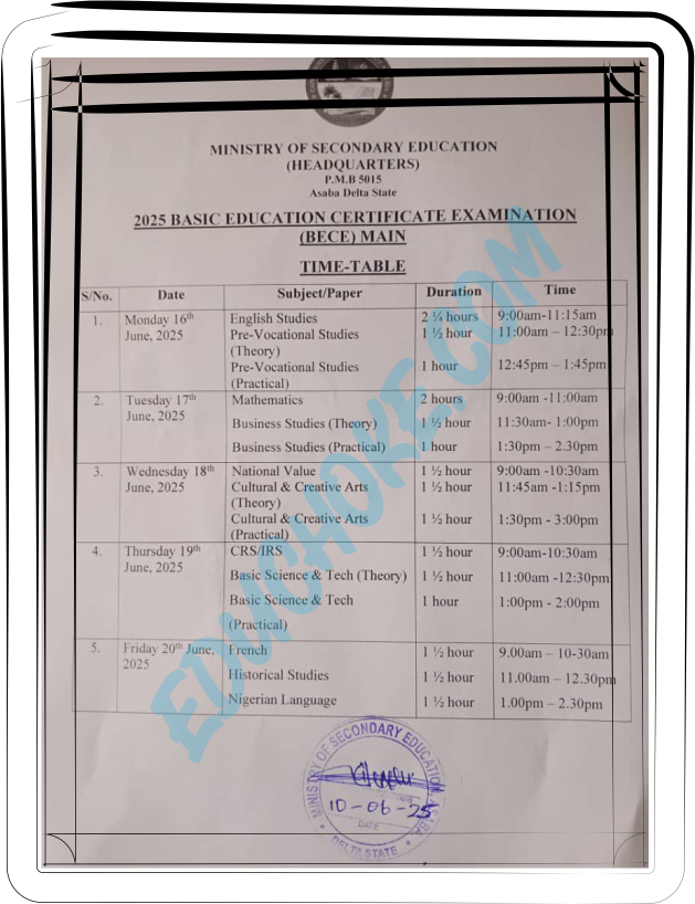 Delta state bece (junior waec) timetable 2025