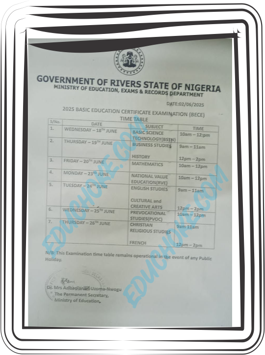 RIVERS STATE BECE TIMETABLE 2025 - JUNIOR WAEC TIMETABLE